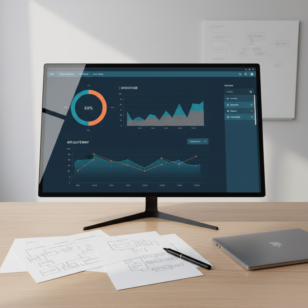 A carefully arranged portfolio scene featuring a large, ultra-high-resolution monitor showing a polished software dashboard UI with clear data visualizations, charts, and subtle microinteractions frozen mid-animation. On the desk below, printed wireframes and architecture sketches are neatly spread on a light oak surface, alongside a pen and a closed laptop. Soft studio lighting from the side creates clean highlights on the monitor’s thin bezel and gentle shadows around the papers. The background is a blurred, neutral-toned office wall with a single, minimal whiteboard containing faint system design notes. Photographic realism with a slightly elevated angle and balanced composition, creating a calm, professional, and credible atmosphere ideal for a software engineer’s portfolio homepage.