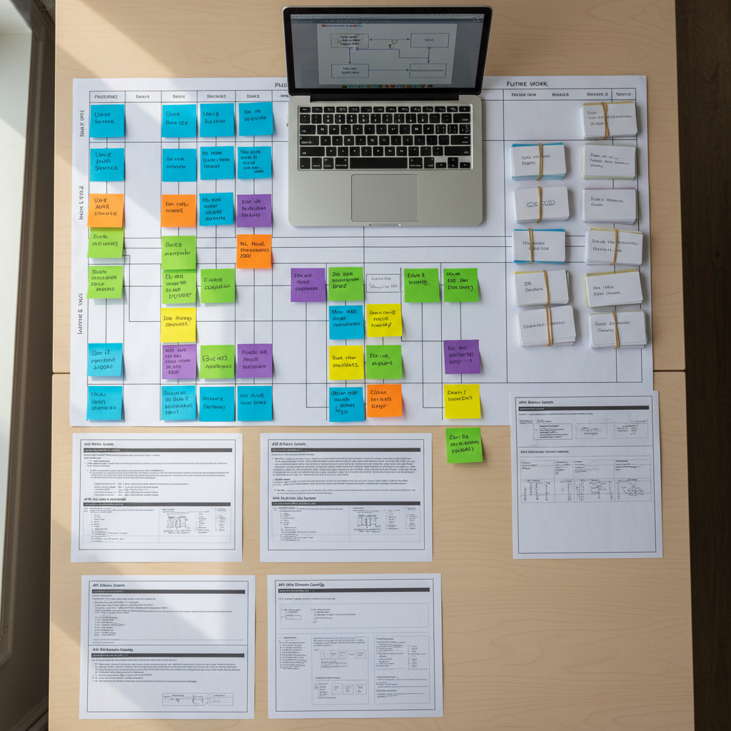 A detailed, overhead view of a project planning table where colorful sticky notes, printed API documentation, and neatly stacked index cards map out the architecture of a distributed system. Each note contains concise feature descriptions, service names, and integration points, arranged in clear vertical and horizontal lanes. A slim, silver laptop at the edge of the table displays a high-level system diagram and deployment pipeline. Soft, natural daylight from a nearby window illuminates the scene evenly, with faint shadows outlining the edges of paper and devices. The mood is organized and methodical. Photographic realism with a top-down composition, emphasizing clarity, structure, and the thoughtful planning behind software engineering projects and science communication.