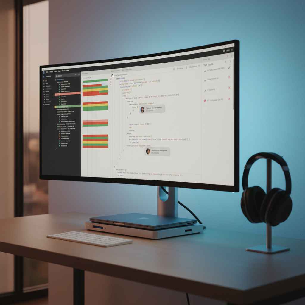 A minimalist, high-tech workspace centered on a large, curved ultra-wide monitor showing a clean, color-coded code review interface with comments, diffs, and test results. Below it, a compact docking station connects a closed, brushed-aluminum laptop, while a pair of wireless noise-cancelling headphones rests on a sleek stand. Ambient LED lighting behind the monitor glows in a subtle blue gradient against a matte white wall, hinting at a calm, focused environment. Soft, diffused evening light from an unseen window blends with the LEDs, creating a balanced, modern atmosphere. Photographic realism, shot from a three-quarter angle with sharp focus throughout, conveying professionalism, collaboration, and a refined software engineering practice.