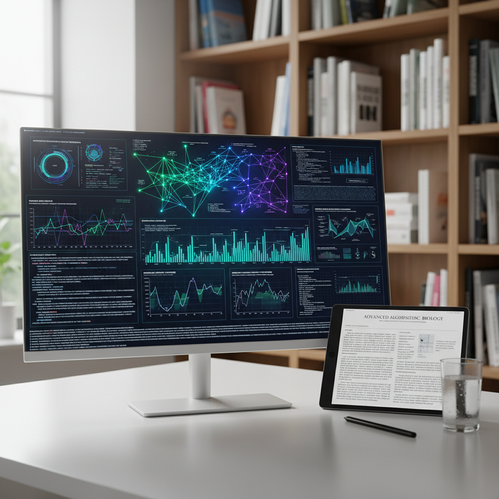 A sophisticated data visualization scene showing a large, frameless monitor filled with vibrant but tasteful charts, network graphs, and timelines explaining a complex scientific concept through code-driven analysis. A nearby tablet on the same white desk displays the accompanying technical article draft in a clean, serif font. A glass of water with slight condensation and a slim, black stylus rest beside the tablet, adding subtle realism. Soft, overcast natural light from a side window produces even, low-contrast illumination, minimizing glare on the screens. The background is a gentle blur of bookshelves filled with science and computing titles. Photographic realism, eye-level composition with moderate depth of field, conveying clarity, credibility, and the fusion of software engineering with science communication.