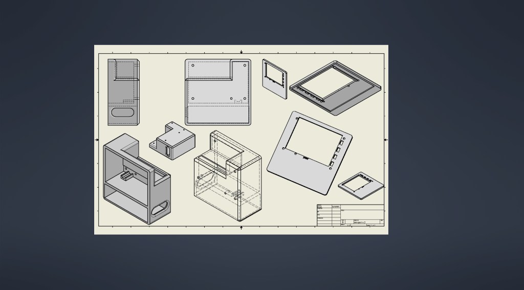 Technical drawing of various computer components, including monitors and floppy disks.